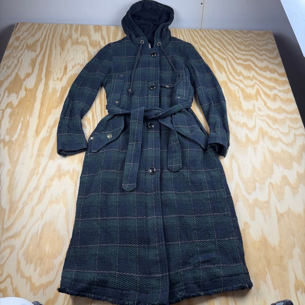 Free People Green Plaid Hooded Trench Coat Long Belted Jacket XS